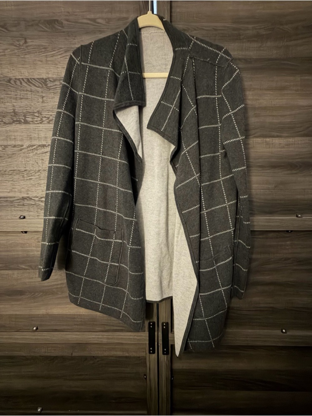 LOFT Women's Gray Windowpane Open Front Cardigan - Reversible